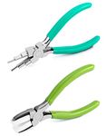 QWORK Jewelry Bail Making Pliers Sets, 2 Pack, 6 in 1 Wire Looper Pliers and Nylon Jaw Flat Nose Pliers for Jewelry Making, Jump Ring (Green-Red)