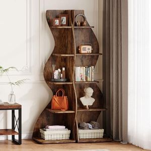 Tribesigns Wavy Corner Shelf Set of 2, Modern 5-Tier Bookshelf Etagere Bookcase with Curvy Shape, Unique Plant Stand Display Shelf for Living Room Small Space (Brown)