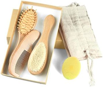 Elfzone Baby Brush and Comb Set - 4Pcs Wooden Baby Hair Brush，Baby Brush Set,Baby Airbag Brush, Beech Handle Brush, and Prevent Cradle Cap Silicone Brush - Ideal Registry Gift