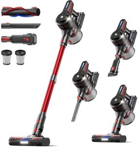 CHEBIO Lightweight Cordless Vacuum Cleaners for Home, Stick Vacuum Cordless Rechargeable with 45kPa Suction,45-Min Run,Anti-Tangle and Self-Stand, 6 in 1 Hardwood Vacuum Cleaner (red)