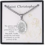 Stainless Steel Saint St Christopher Medal Necklace for Men Boys, Saint Christopher Protect Us Pendant Medallion Chain (Silver)