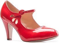 OLIVIA K Women's Kitten Heels Mary Jane Pumps - Adorable Vintage Shoes- Unique Round Toe Design With An Adjustable Strap,Red Patent,9 B(M) US