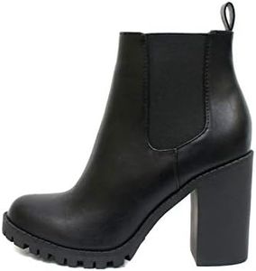 Soda Glove - Ankle Boot w/Lug Sole Elastic Gore and Chunky Heel, Black, 9