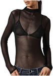 OYOANGLE Women's Mesh Sheer Long Sleeve Bodysuit Top Mock Neck See Through Fitted Party Bodysuits Black Small