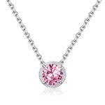 Qings October Birthstone Necklace for Girls Sterling Silver Round Cut Pink Tourmaline Birthstone Necklace S925 Solitaire Pink Crystal Diamond Pendant Halloween Necklace