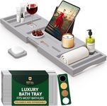 Royal Craft Wood Luxury Bathtub Caddy Tray, 1 or 2 Person Bath and Bed Tray, Bath Tub Table Caddy with Extending Sides, Adjustable Organizer Tray for Bathroom - Free Soap Dish (Gray)