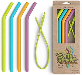 Softy Straws Wide Premium Reusable Silicone Drinking Straws + Patented Straw Squeegee - 9” Long With Curved Bend for 20 30 32 oz Tumblers Non Rubber, Flexible, Safe for Kids/Toddlers, Smoothie