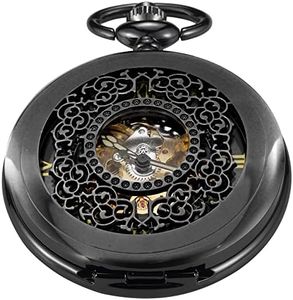 Black Hollow Mechanical Luminous Manual Winding Pocket Watch, Fashionable Hollow Roman Digital Dial Pocket Watches with Chain for Men, MW141, Digital,Mechanical