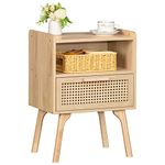 Lerliuo Rattan Nightstand, Boho Side Table with Drawer Open Shelf, Cane Accent Bedside End Table with Solid Wood Legs for Bedroom, Dorm and Small Spaces (Natural)