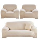 B BESTILO Universal Polyester Blend & Spandex Sofa Cover Big Elasticity Cover for Couch Flexible Stretch Sofa Cover | 120 GSM (Solid Cream, Five Seater (3+1+1))