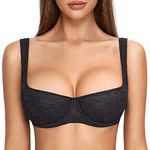 DOBREVA Women's Balconette Bra Sexy Lace Demi Underwire Shelf Plus Size Lightly Padded Wide Straps Black 36G