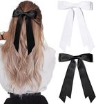 2PCS Silky Satin Hair Bows Hair Clip Black Hair Ribbon Ponytail Holder Accessories Slides Metal Clips Hair Bow for Women Girls Toddlers Teens Kids (Black/White)