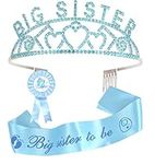 Baby Shower Decoration for Big Sister To Be, Premium Metal Blue Tiara + Blue Sash + Premium Metal Big Sister Blue & White Pin, Maternity Gift for Her, 3 Piece Set, Metal