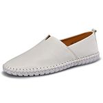 LUODENGLANG Men's Genuine Leather Loafer Shoes Slip On Soft Breathable Handmade Stitching Fashion Casual Shoes Lightweight Driving Dress Shoe, White, 9.5