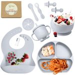 O'doe 11 Pcs Baby Led Weaning Feeding Supplies for Toddlers, Baby Feeding Set | Suction Silicone Baby Bowl Self Eating with Fruit Feeder, Cup, Bibs, Food Plate Kit with Lid 6+ Months | Grey V1