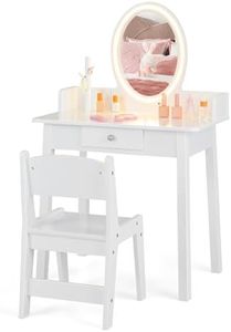 Costzon Kids Vanity, Girls Vanity Set with Mirror and Stool and Lights, Drawer, Jewelry Rack, 2 in 1 Wooden Princess Makeup Desk Dressing Table, Pretend Play Kids Vanity Table and Chair Set (White)