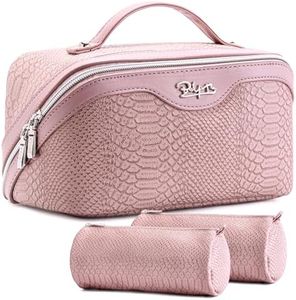 BOYATU Travel Makeup Bags for Women: 3 Pcs Set Wide Open Cosmetic Bag - Portable Make up Bags with Handle - Vegan Leather Toiletry Organizer Bag with Divider (G-02-Pink)