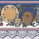 Concord Wallcoverings Wallpaper Border Retro Kitchen Pattern Dishes Tea Boxes Flowers Berries on Shelf, Colors White Pastel Blue Pink Yellow Brown Green, Size 9 Inches by 15 Feet 191912 /O