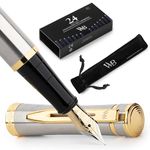 Wordsworth & Black Fountain Pen Set, 18K Gilded Extra Fine Nib, Includes 24 Pack Ink Cartridges, Ink Refill Converter & Gift Pouch, Gold Finish, Calligraphy, [Silver Gold], Perfect for Men & Women