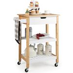 TANGZON Kitchen Trolley Cart, Rolling Kitchen Island on Wheels with Slatted Shelves, Drawer, Bamboo Worktop & Handle, Utility Serving Trolley for Dining Living Room Restaurant (Natural Frame)