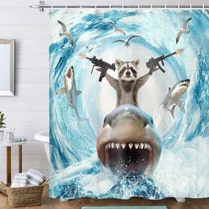 Uokiuki Funny Animal Shower Curtain, Cute Raccoons Ride Shark Ocean Waves Shower Curtain with Hooks, Nautical Coastal Fabric Bathroom Curtain 72W X 84L Inch