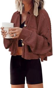 Panadila Womens Cropped Cardigan Waffle Knit Shacket Long Sleeve Button Down Shirt with Pockets Short Jacket Trendy(Ancora Red,L)