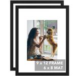 OMISHE 2 Pack 9x12 Picture Frames Black for Wall Hanging or Tabletop, Frame Display 6x8 with Mat or 9x12 Without Mat, Wood Wall Poster Photo Frame, Black