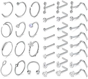 MODRSA Nose Rings Hoop 20g L Shape Nose Studs Screw Septum Ring Surgical Stainless Steel Opal C Shape High Nostril Piercing Jewelry Silver Pack