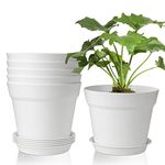 T4U 17.5CM Plastic Plant Pots 6-Pack, Large Flower Planter with Drainage Hole and Saucer, Classic Indoor Outdoor White Plant Pots for Orchid, Penoy, Rose, Snake Plant, Aloe, Tulips, Peace Lily