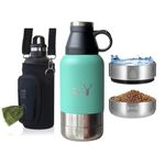 Blue stainless steel outdoor portable dog water bottle and insulated flask with detachable bowls and multifunctional lid for long walks, days out and travel - 32oz/910ml