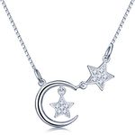 Infinite U Fashion Crescent Moon Double Stars 925 Sterling Silver Cubic Zirconia Pendant Necklace Necklet for Women/Girls, Silver