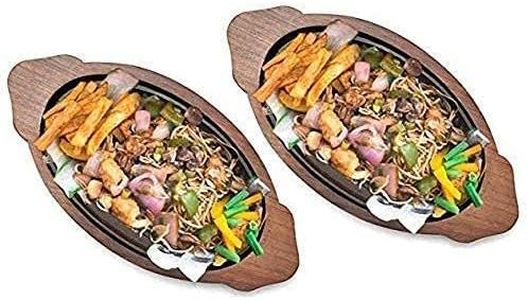 Bridge2shopping Sizzler Plate with Wooden Base, Cast Iron Sizzler, Oval Shape, Brown (Pack-2)