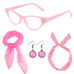 Thboxes 50s Costume Accessories, 1950s Fancy Dress Cat Eye Glasses Polka Dot Bandana Tie Headband Earrings Pink ladies Grease Fancy Dress for Women Girl Ladies Kids 1950s Retro Party Decor