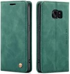 QLTYPRI Case for Samsung Galaxy S7 Edge, Vintage PU Leather Wallet Case Card Slot Kickstand Magnetic Closure Shockproof Flip Folio Case Cover for Samsung Galaxy S7 Edge - Dark Green