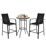 Tangkula 3 Pieces Outdoor Patio Bar Set, Outdoor Bistro Set with 2 Bar Stools and 1 Tempered Glass Bar Table, Bar Height Patio Table and Stools Set for Backyard, Garden, Lawn