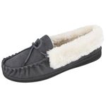 Cushion Walk Ladies Real Suede Leather Faux Sheepskin Fur Lined Moccasin Slippers Size 4-8 (Grey, 7)