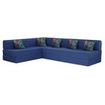 Toronto L-Shape Sofa Cum Bed | Three Seater + Three Seater | with 5 Printed Cushion Jute Fabric - Lightweight, Washable Cover- (Blue - Color)