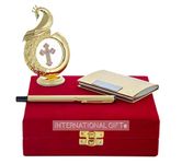 INTERNATIONAL GIFT® Golden Blue Pen with Business Card Holder and Golden Peacock Shape Jesus Idol