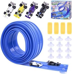 Flex Track 16 Ft Starter Set, Flexible Race Car Ramp for Ages 3 & Up with Suction Cups Classic Blue Double Track Long Rolls Up Portable(Blue)