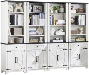Joaxswe 72in Tall Bookshelf 7 Tier Bookcase with Drawer and Barn Doors and Adjustable Shelves, White Farmhouse Book Shelf with Storage Cabinet, Wood Freestanding Display Bookshelves for Kitchen (4PCS)