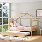 Merax Twin Size Wooden House Bed with Trundle, Wood Bed Frame with Roof for Kids, Teens, Boys or Girls, Natural