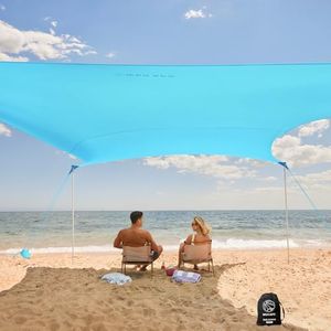 WEKAPO Beach Tent Sun Shelter - Easy Setup Beach Canopy with 4 Sturdy Poles, Large Sandbags and Shovel, 7'1'' Tall, Windproof Beach Sun Shade for Backyard and Camping, UPF 50+ Protection