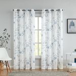 Beauoop Blue Grey Semi Sheer Floral Curtains for Living Room Bedroom 72 Inch Drop Linen Textured Farmhouse Curtains Leaf Printed Eyelet Rustic Drapes Window Treatment Set 2 Panels