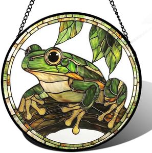 DASTOLL Stained Glass Window Hanging, Frog Green Leaf Sun Catchers Colorful Glass Panel Cool Suncatcher Decor for Birthday for Women, Men, Wife, Aunt, and Mom 14.9x14.9 in