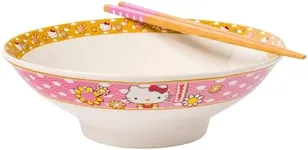 Silver Buffalo Sanrio Hello Kitty Pink and Gold Japanese Pattern with Flowers Ceramic Ramen Noodle Rice Bowl with Chopsticks, Microwave Safe, 30 Ounces