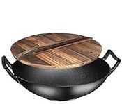 Bruntmor, Pre-Seasoned Cast Iron Wok, Black, 14-inch w/ Large Loop Handles & Flat Base With Wooden Lid