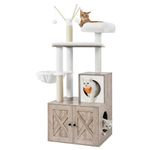 Feandrea WoodyWonders Cat Tree with Litter Box Furniture Hidden Enclosure, 2-in-1 Modern Tower, Cat Condo with Scratching Posts, Removable Pompom Sticks, Greige UPCT113G01