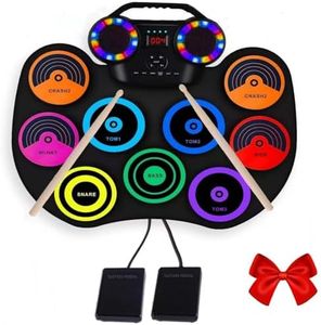 Electronic Drum Kit with LED Lights, Dual Speakers, 9-Pad Roll-Up Portable Drum Set for Beginners, 12 Hours Play Time - Christmas Birthday Gifts, Polymer Lithium-ion Battery