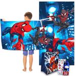 Marvel Spiderman Towel Set for Kids - Bundle with 27x54 Spiderman Microfiber Towel, Tote Bag, Stickers and More (Spiderman Pool and Bathroom Set)