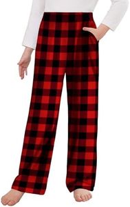 Arshiner Pajama Pants for Girls Long Sleep Plaid Pants Soft Lounge Pj Bottoms with Pockets Plaid-Red Black 10-11 Years